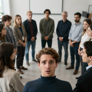 group in a circle he is turned around afraid to speak