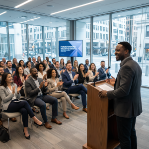 man giving a speech that is well recieved the audience is applauding