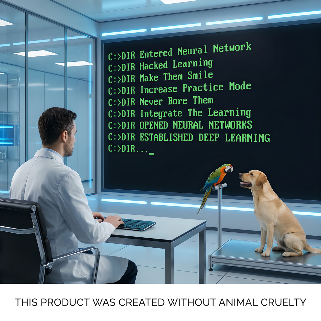 scientist programing improved speaking while his parrot and dog are talking a signb says no animal cruelty was done to make this product